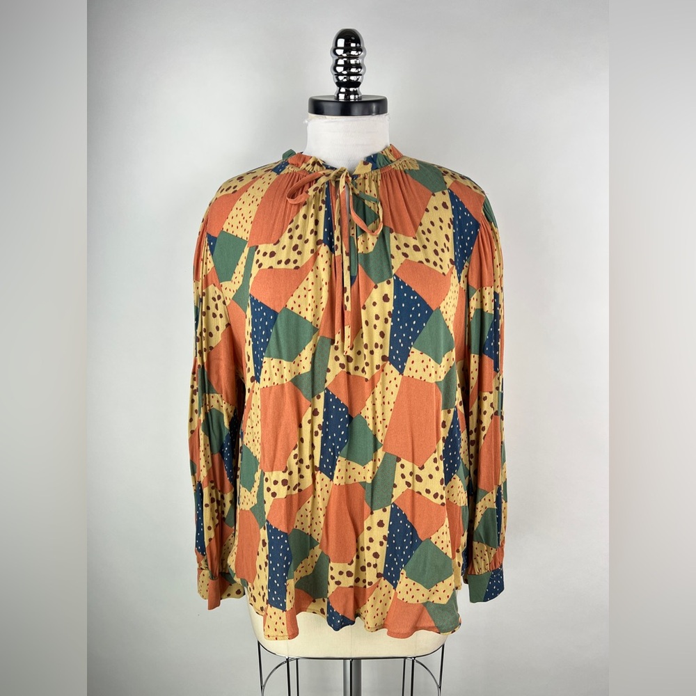 3083. Patchwork Pattern Balloon Sleeve Blouse - image 1